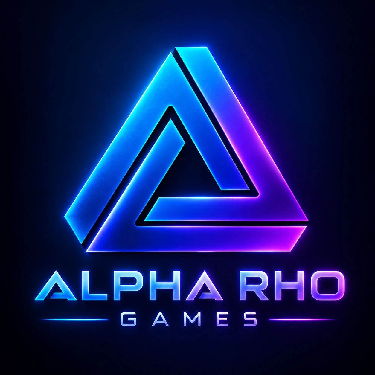 Alpha Rho Games neon blue and purple triangular logo