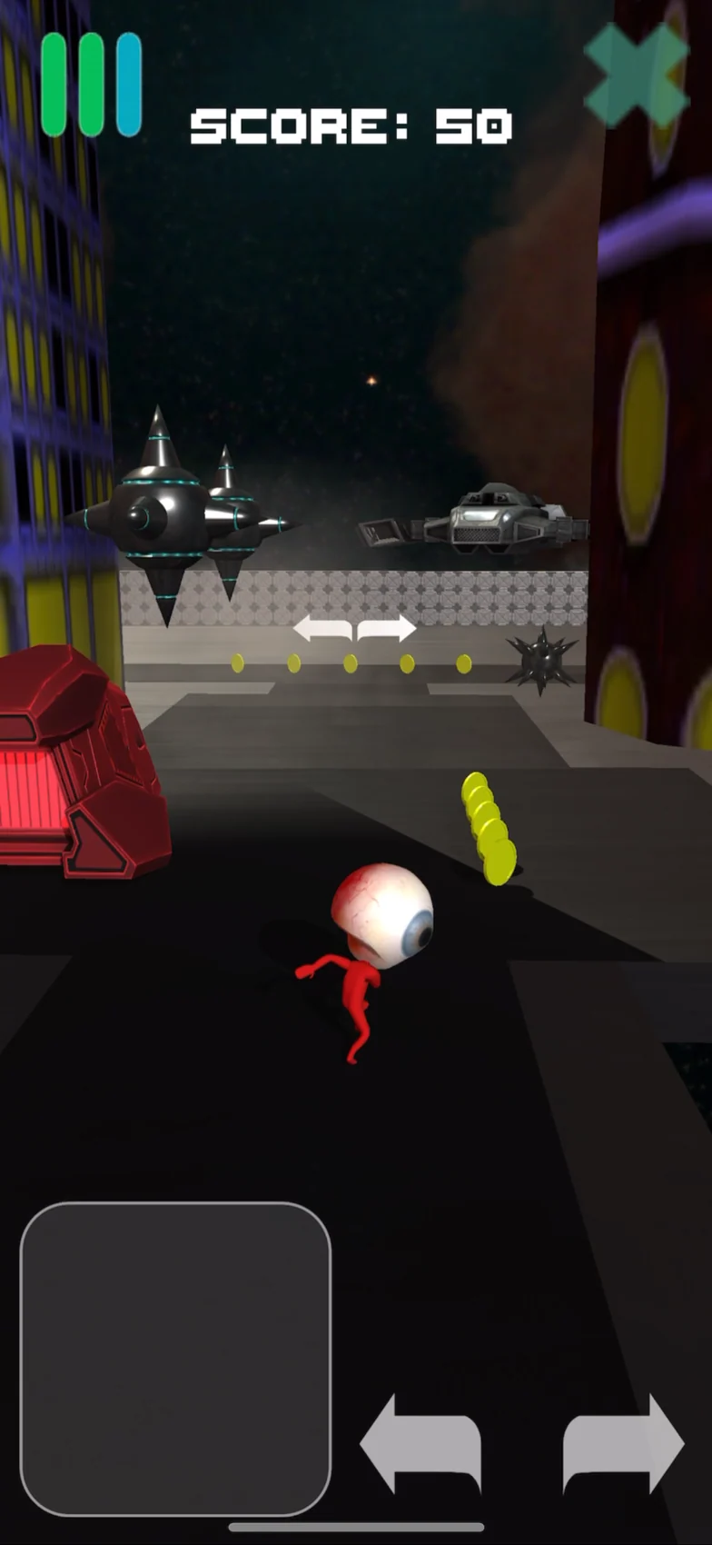 Actual eyeRun gameplay showing the eyeball character in a sci-fi city