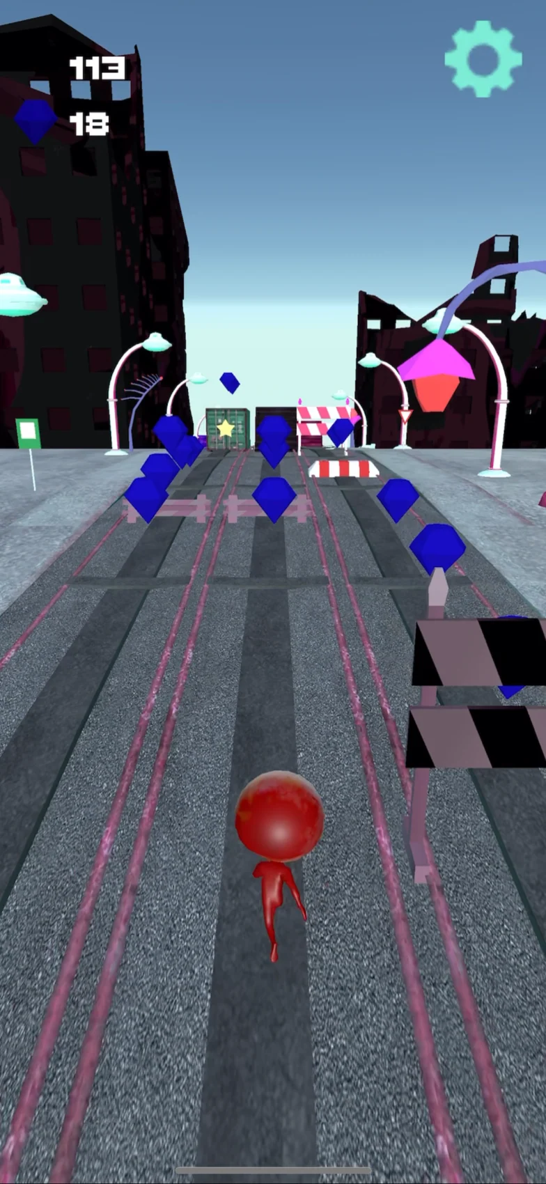 Actual eyeRun 2 gameplay: the red eyeball character runs through a city