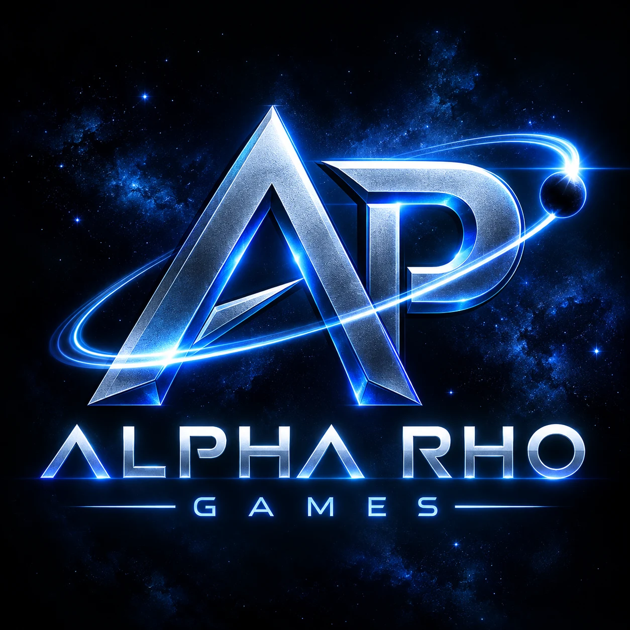 Alpha Rho Games blue and silver orbital studio logo
