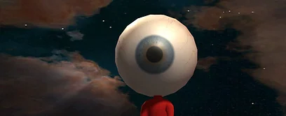 Original eyeRun eyeball character against a dramatic cloudy sky
