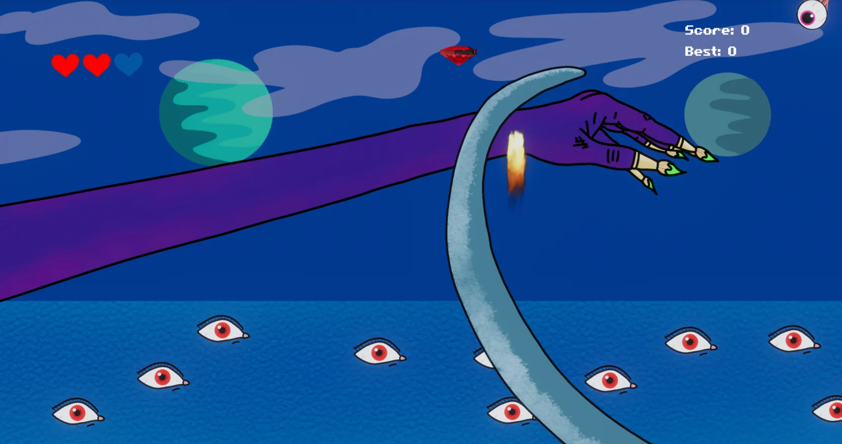 Actual Planet Alpha gameplay with a giant purple hand, floating eyes, and blue planet